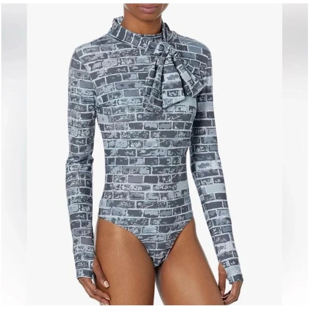 NWT Romeo Hunte X The Drop Gray Brick Pattern Long Sleeve Bodysuit Size Large - Picture 2 of 9